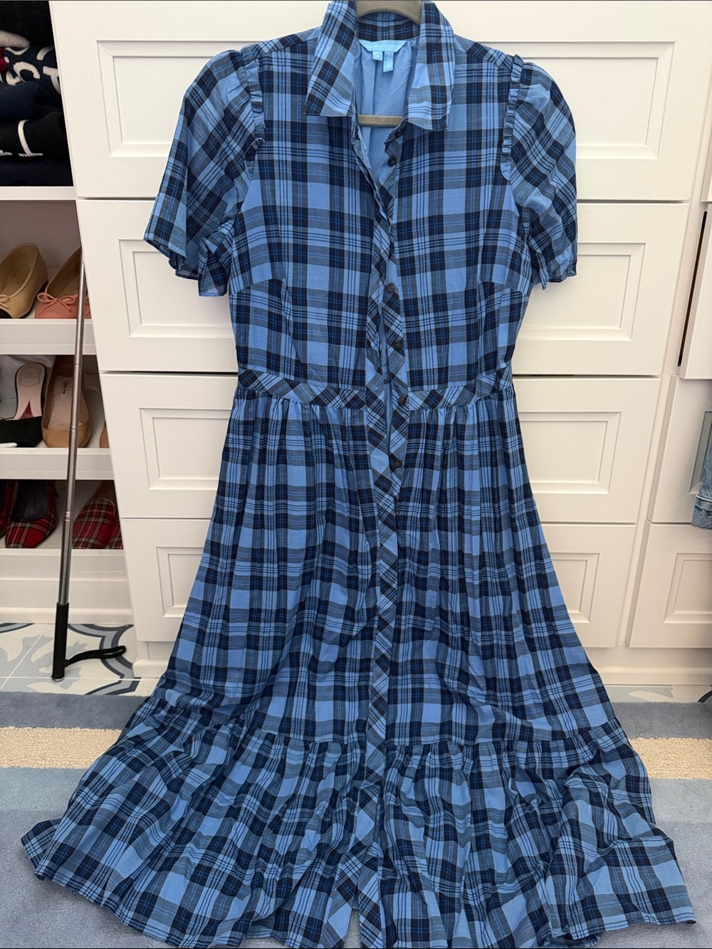 Draper James Blue Plaid Button-Front Midi Dress
